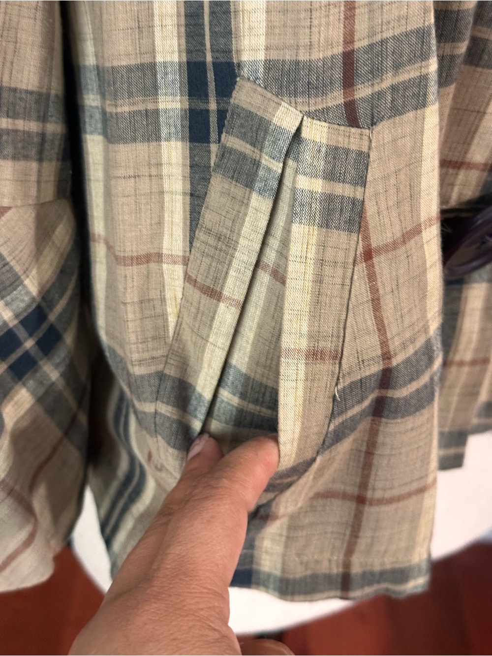 Plaid Cropped Trendy Women’s Sz M Cotton Blazer Large Front Buttons Beige Green - Picture 3 of 5